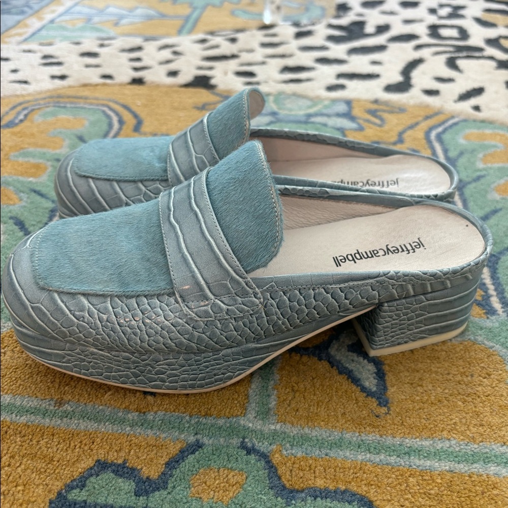 Jeffrey Campbell baby blue platform mules